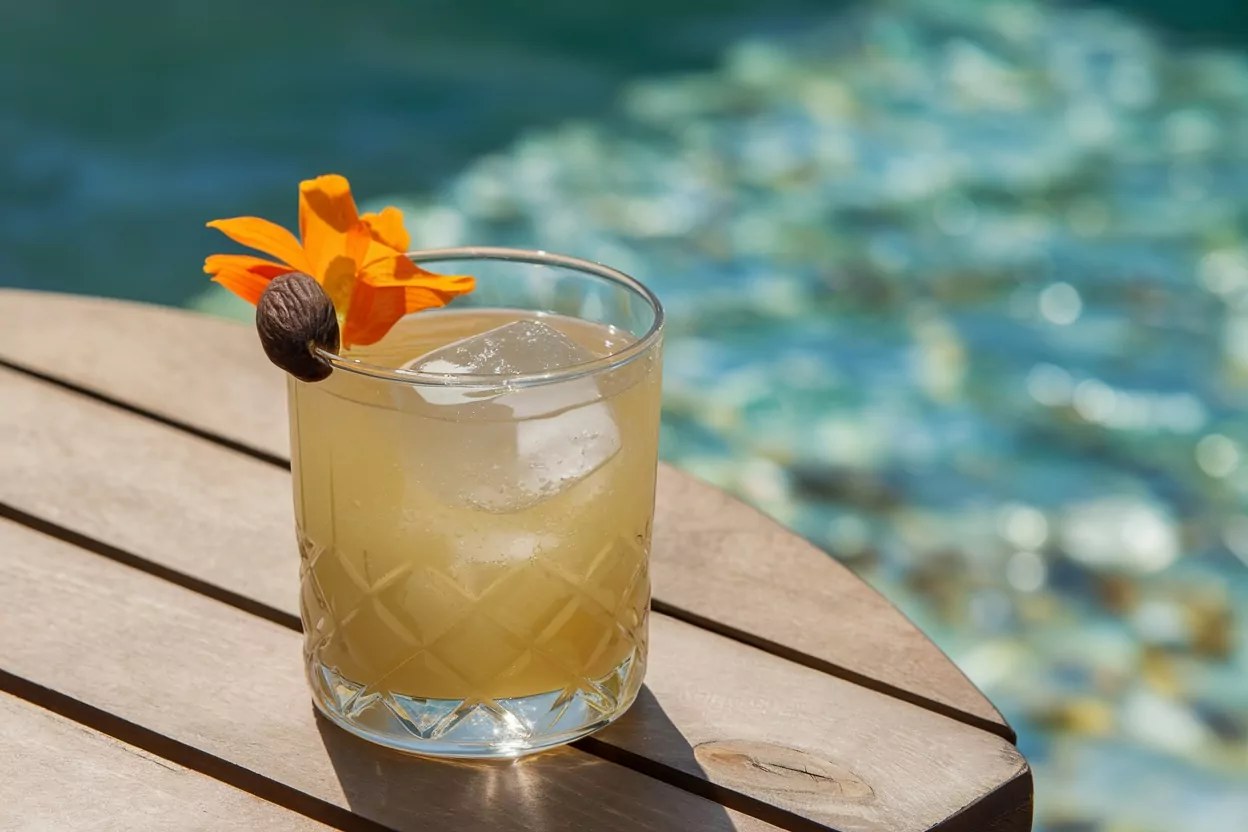 Cocktail mauresque servi dans un verre haut avec glaçons, pastis et sirop d'orgeat