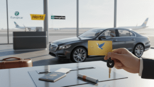 Carte Visa Premier posée sur un contrat de location de voiture avec les clés du véhicule