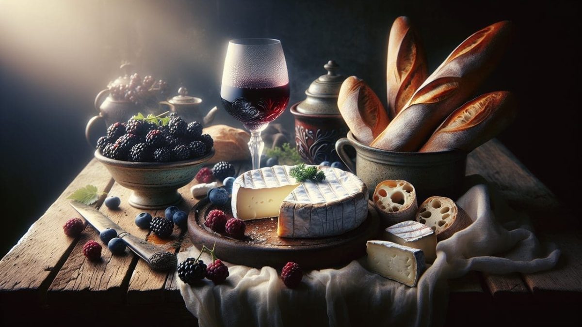 Affiche : Sélection d'aliments en B sur table en bois : baguette, Brie, Bourguignon, Bordeaux, mûres.