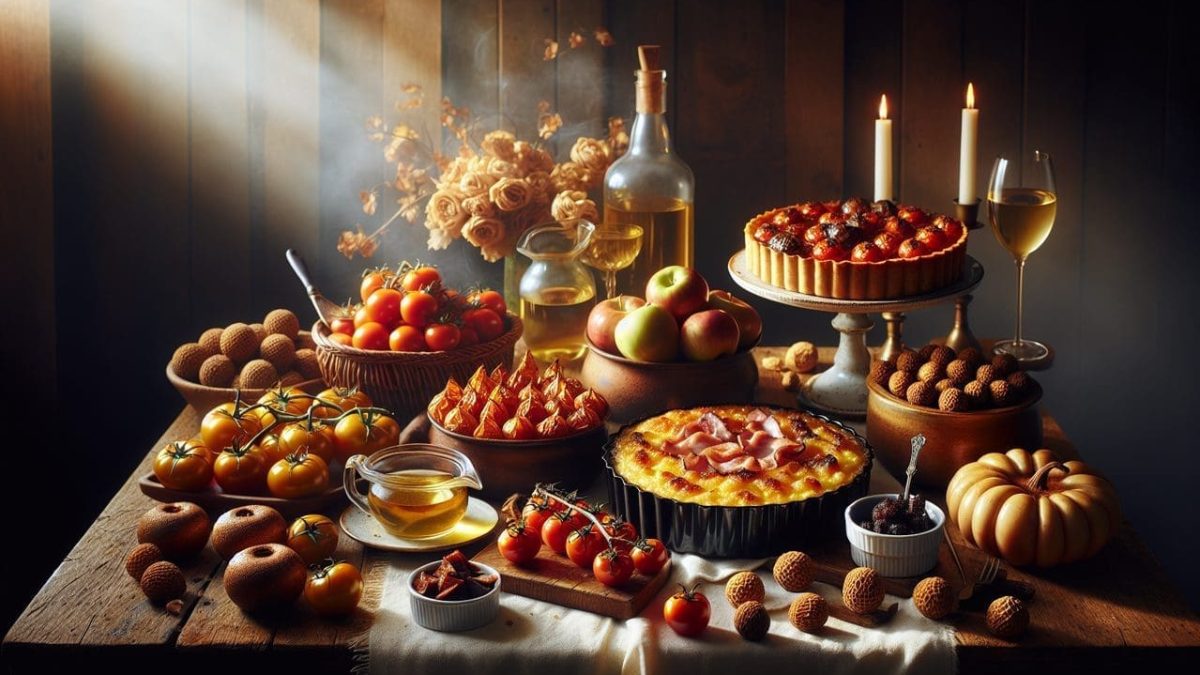 Affiche une variété de plats commençant par T sur une table en bois rustique, éclairée naturellement.