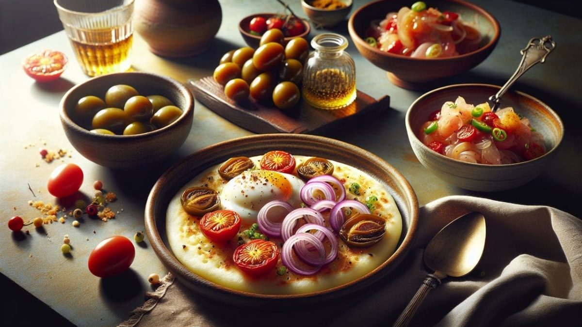 Nourriture en U : uthappam, umeboshi, urnebes - arrangement élégant, détail riche, couleurs vibrantes.