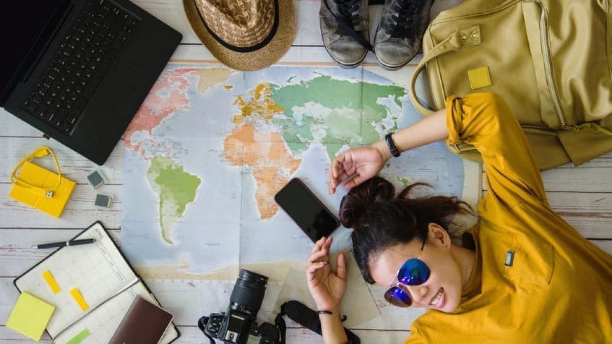 Travel planning concept with map. Overhead view of equipment for