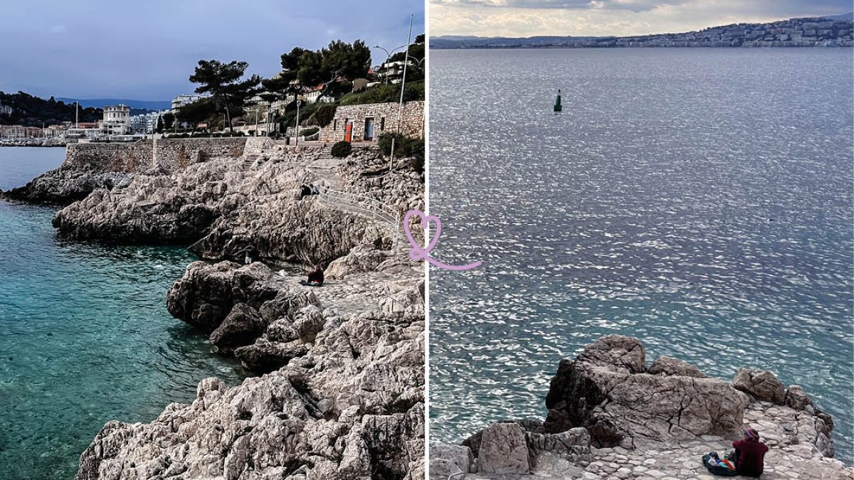 Rochers et dalle de béton de la plage de la Plateforme à Nice, au bord d'une eau turquoise