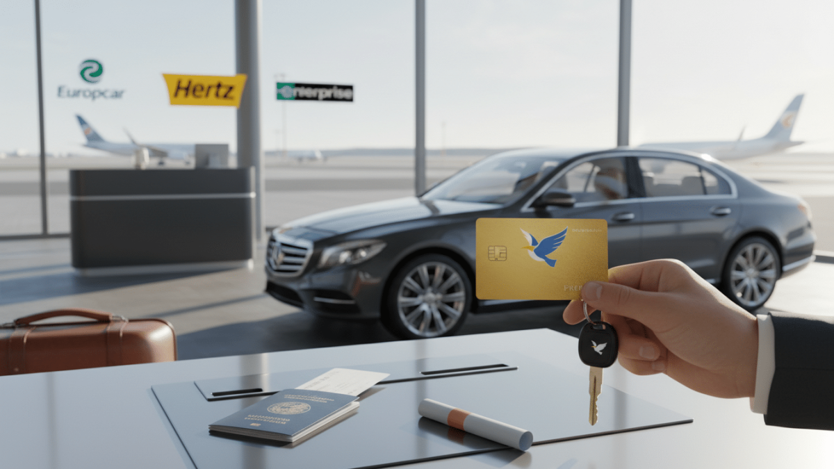 Carte Visa Premier posée sur un contrat de location de voiture avec les clés du véhicule