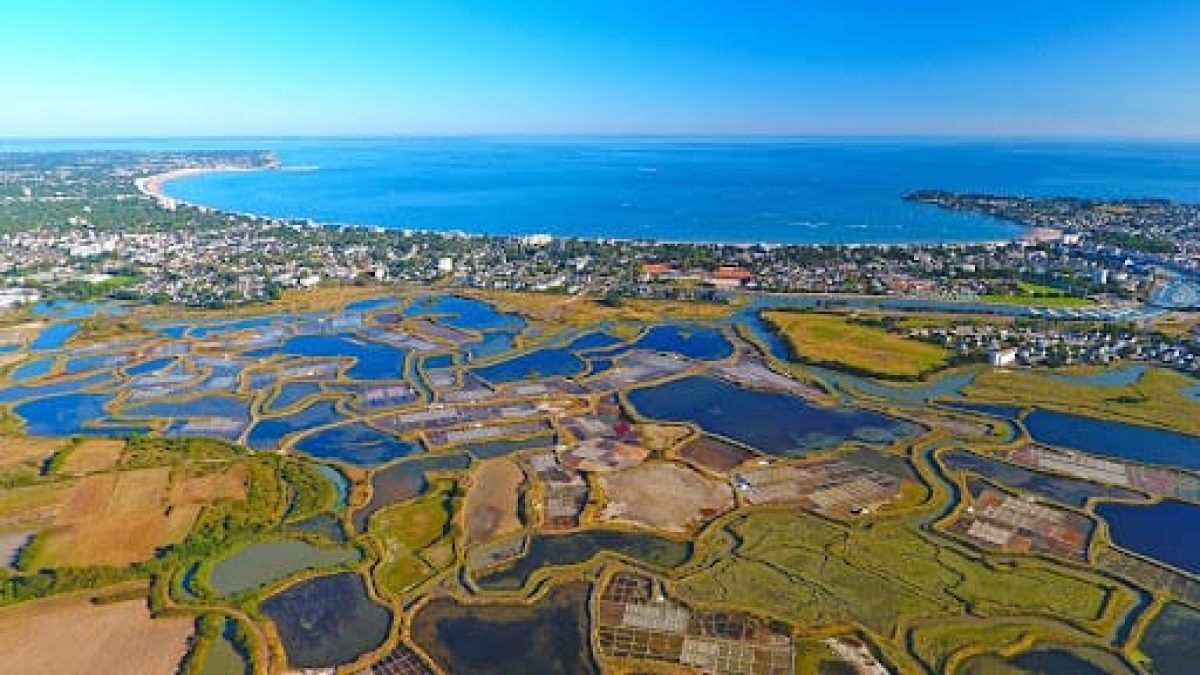 Vue aérienne des marais salants et du littoral près de Guérande